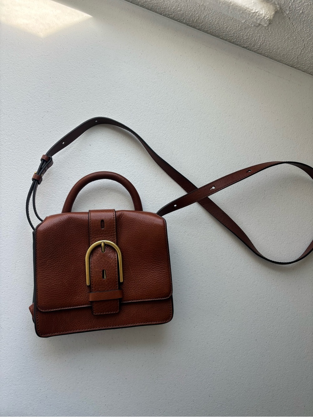 Fossil Cognac Pebbled Leather Crossbody Bag with Gold Buckle